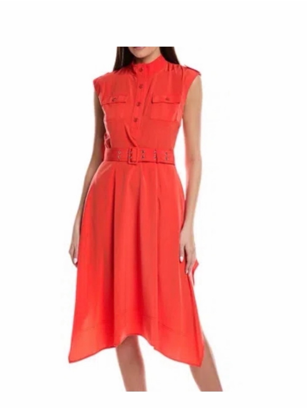 Karl Lagerfeld Deep Coral Red Sleeveless Belted High-Low Dress